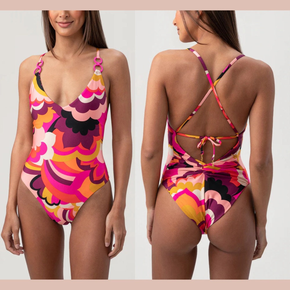 NEW‎ $188 Trina Turk [ 14 ] Fan Faire Twist Back Plunge One Piece Swimsuit U1354